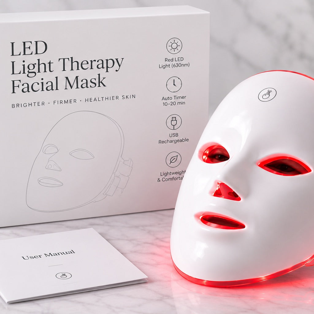Mascarilla LED facial junto a su caja y el manual de instrucciones