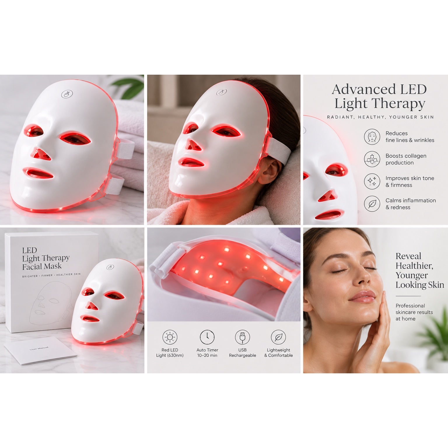 Composición con varias vistas de la mascarilla LED y sus características
