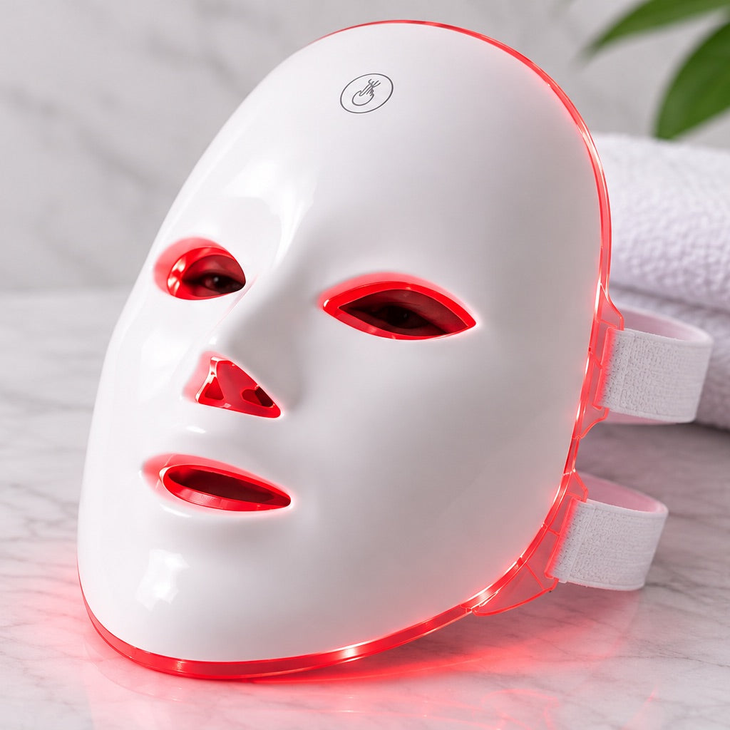 Mascarilla LED facial vista de tres cuartos con la luz roja encendida