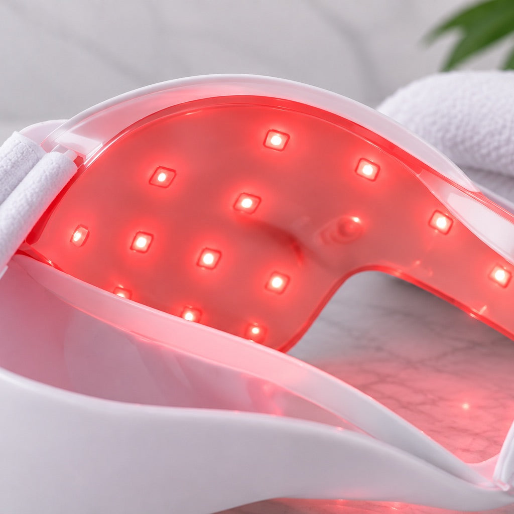 Interior de la mascarilla con los módulos LED encendidos en rojo