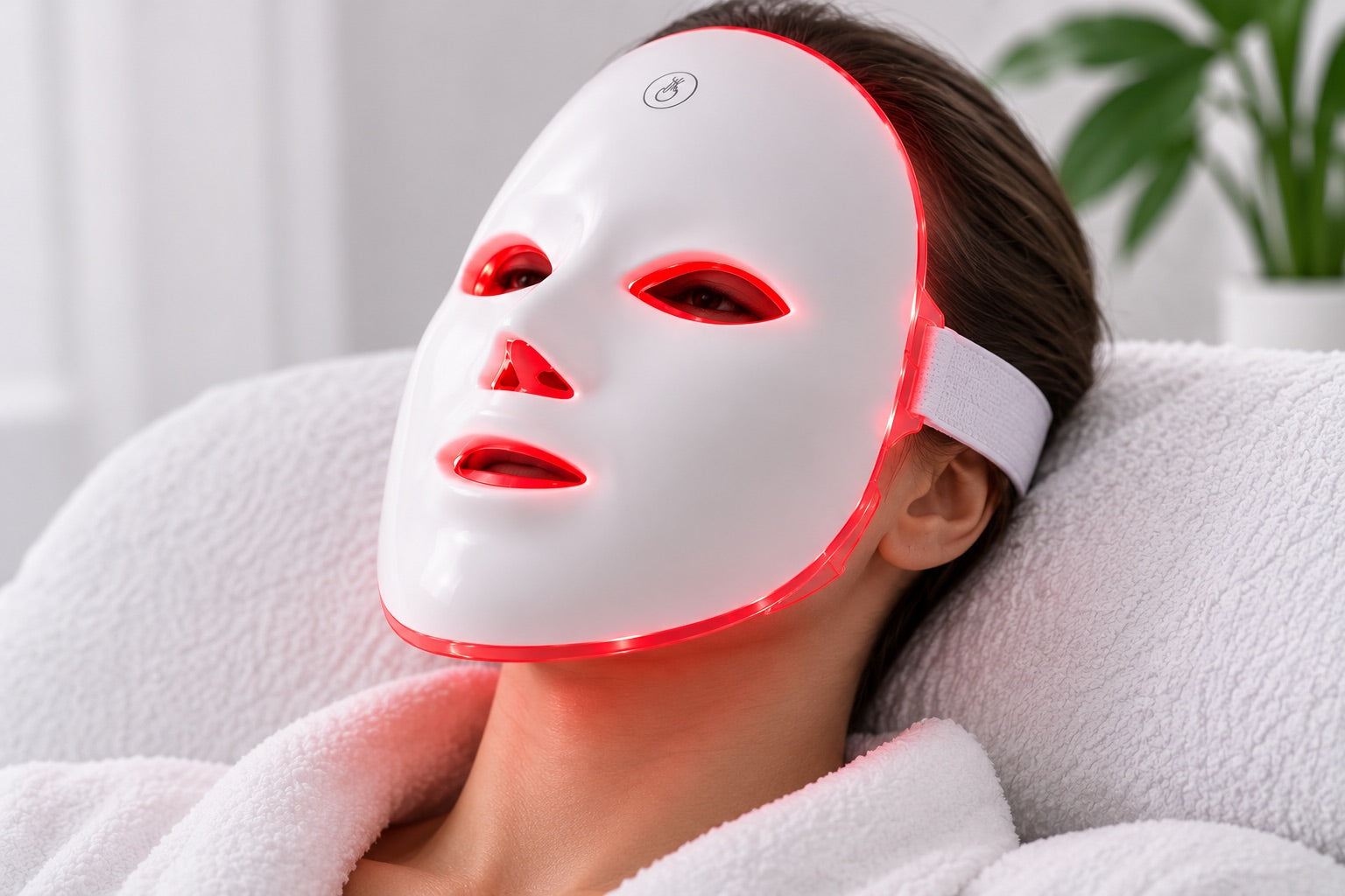Mujer tumbada usando la mascarilla LED facial encendida en luz roja